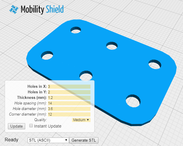 Preview of the MobilityShield Builder interface showing a configurable part, its parameter panel, and STL export controls in a browser-style frame